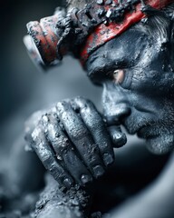 Obraz premium Emotional miner reflection underground cave hyperrealistic portrait dark environment closeup view