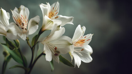Obraz premium Beautiful white Alstroemeria flowers with delicate petals and subtle orange speckles are captured in a soft, dreamy style against a dark, blurred background.