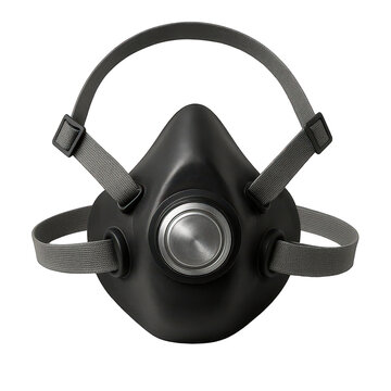 Modern black half-face protective respirator mask featuring a central filter and adjustable head straps for a secure fit.