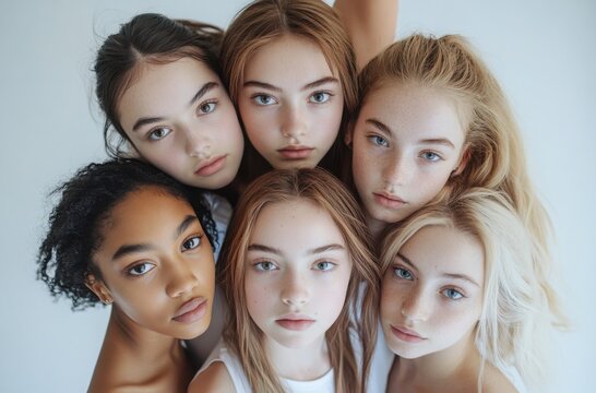 Diverse teenage girl models standing together with graceful poses