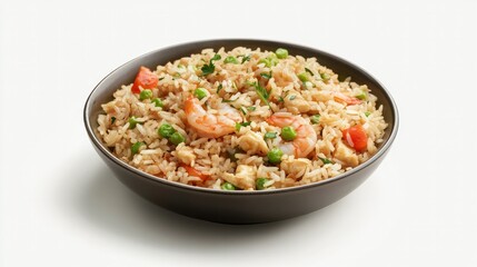 Delicious Seafood Fried Rice Bowl with Shrimp, Vegetables, and Green Onions Served in a Black Ceramic Dish on White Background