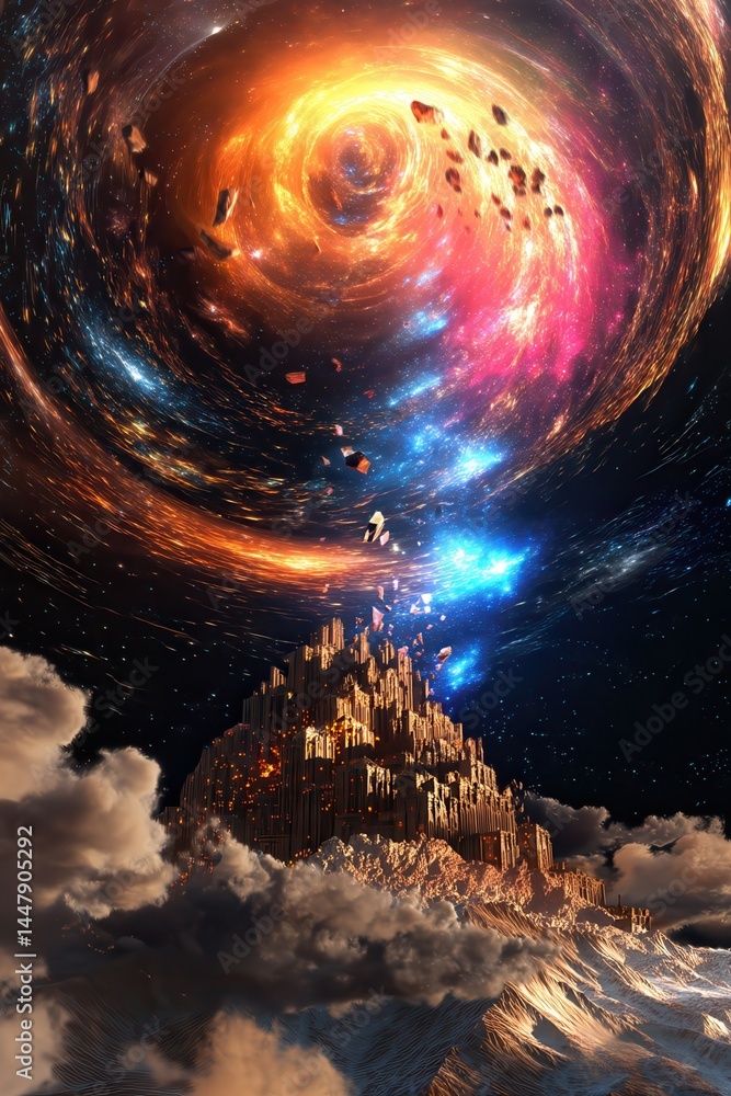 Poster a castle on a mountain disintegrating as the pieces float up into the sky into an otherworldly porta