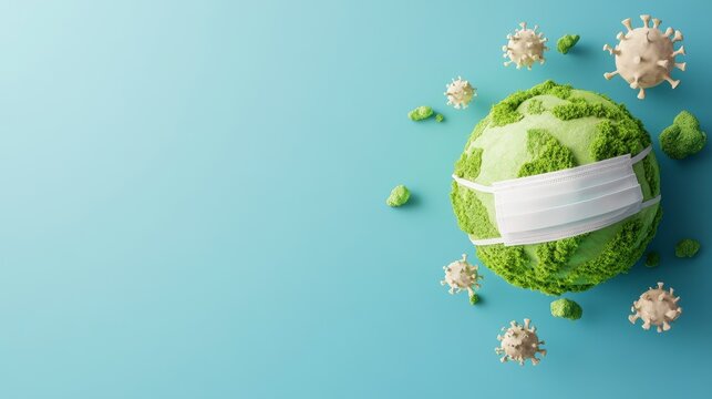 Green Earth Globe Wearing Protective Face Mask Surrounded by Virus Cells on Light Blue Background - Powered by Adobe