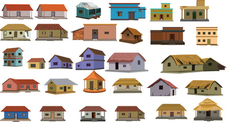 Diverse Collection of Traditional Indian Village Huts and Rural Houses &ndash; Cultural Architecture Set Featuring Clay, Thatch, Brick, and Tin Roof Designs for Educational and Heritage Projects