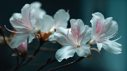 Fototapeta premium Delicate white azalea blossoms with pink speckled throats unfurl on a branch, creating a serene and captivating display of natural beauty in soft light.
