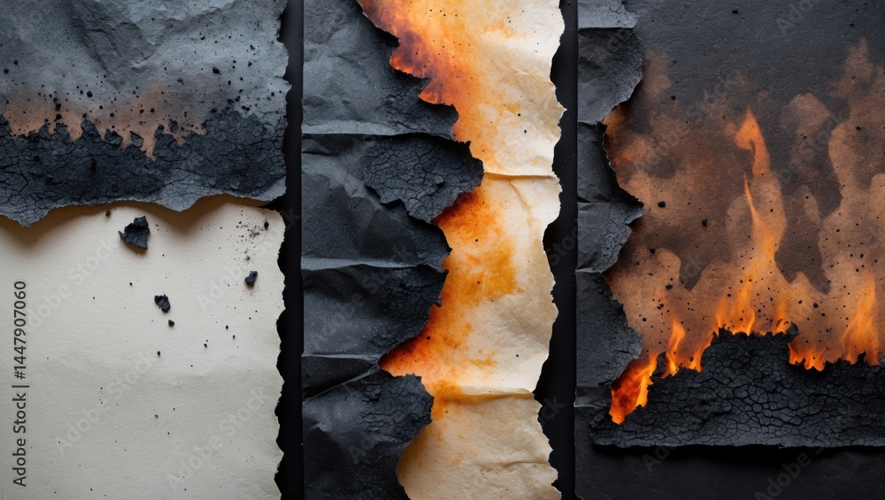 Aufkleber abstract composition of textured papers with charred edges and vibrant flames creating dramatic visu
