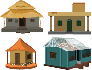 Collection of Rural Village Huts and Traditional Houses &ndash; Thatched Roofs, Mud Walls, Tin Sheds, and Colonial Facades for Architecture, Culture, and Real Estate Illustrations
