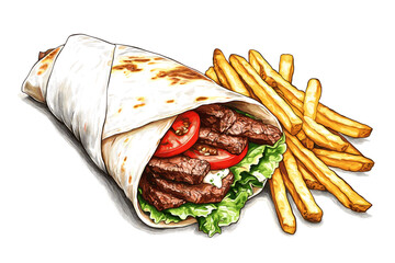 Delicious wrap with steak and fresh veggies, served with fries.