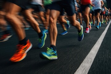 Close-up motion blur of runners legs during city marathon race on asphalt road, colorful sneakers in dynamic action