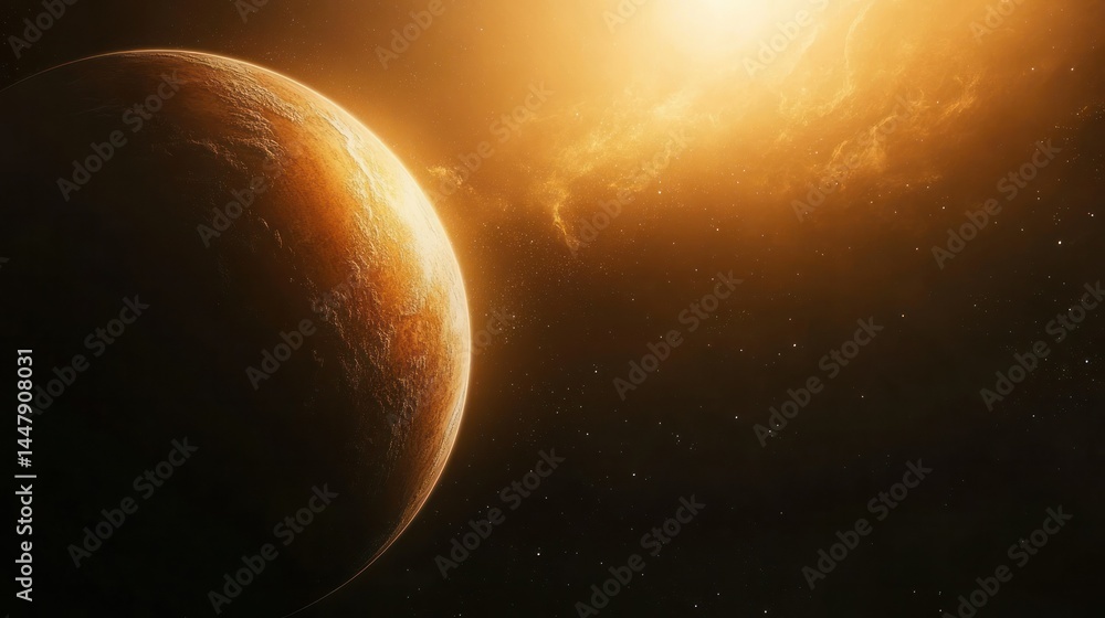Wall mural stunning view of a distant planet with a glowing atmosphere and cosmic clouds in deep space indicati