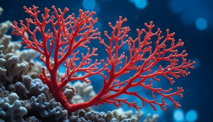 Striking red coral branch showcases underwater beauty and vibrant marine life in a close-up shot.