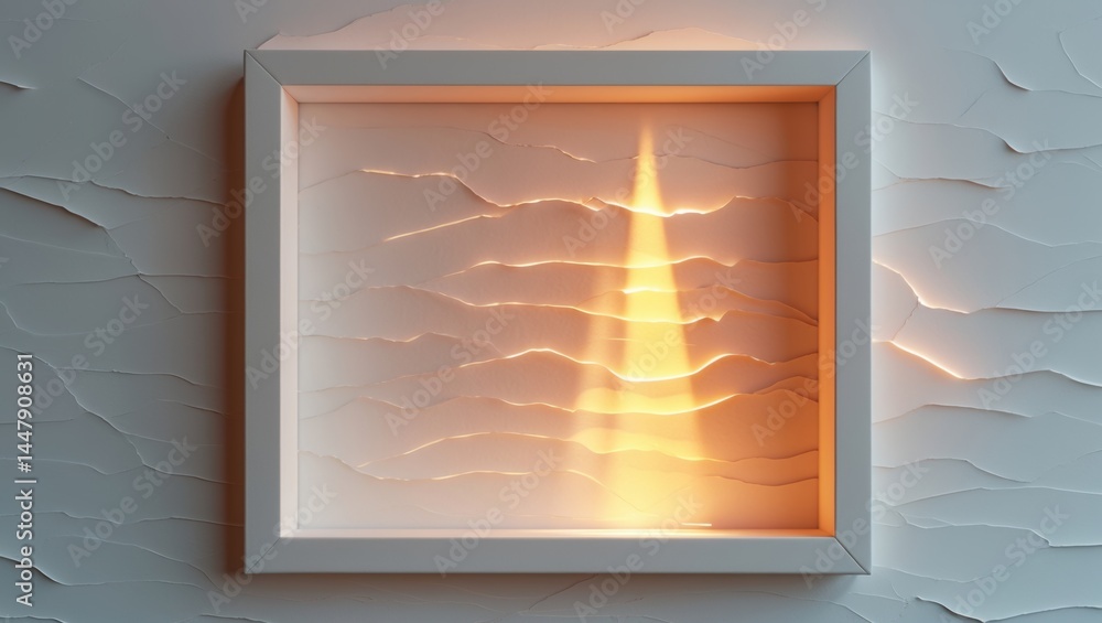 Poster illuminated shadow box featuring textured walls with a soft, warm glow emanating from behind, creati
