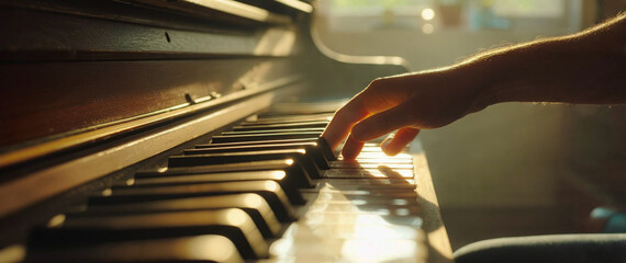 夕日の光が当たるグランドピアノの鍵盤と演奏者の手元 - クラシック、音楽、情熱、練習、優雅な芸術のクローズアップ