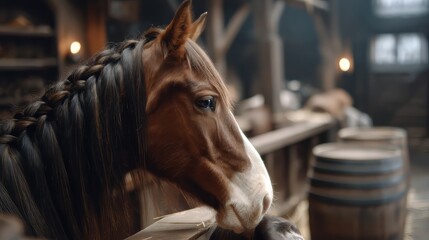Fototapeta premium Incredible Shire Horse with a Beautifully Braided Mane Showcasing the Charm of Domestic Animals