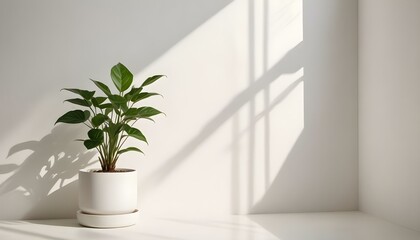 A potted green plant sits in a white pot, bathed in natural light and shadows on a wall.