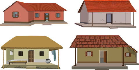 Traditional Indian Village House Vector Set &ndash; Rural Clay, Thatch and Tile Roof Homes for Cultural, Educational, Farming and Architecture Design Use