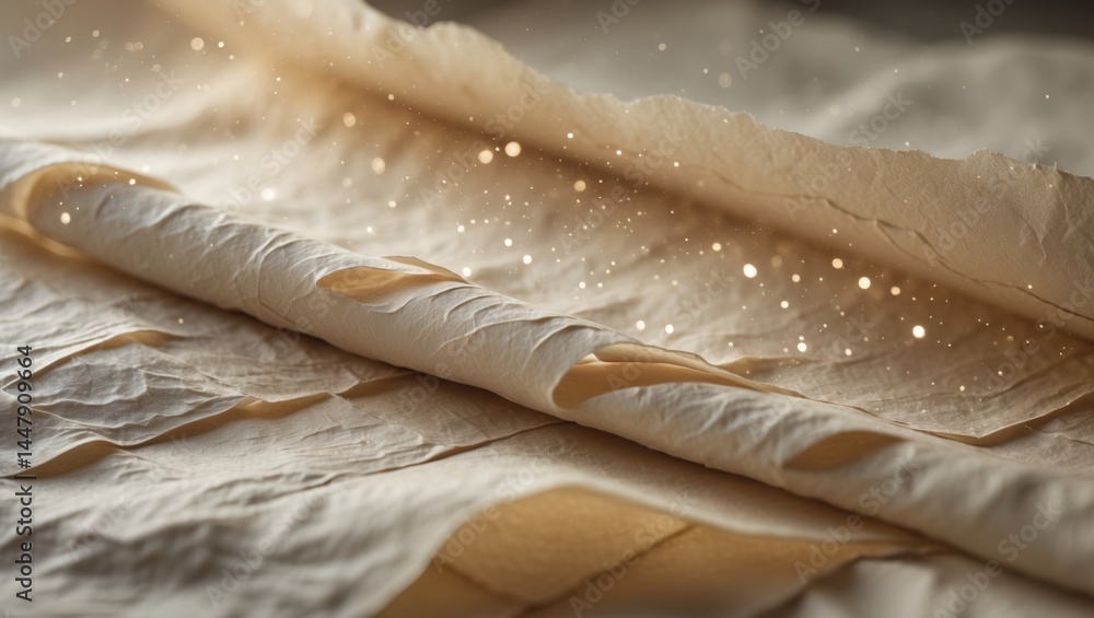 Poster soft, layered fabric draped elegantly with a warm glow and delicate sparkles in a serene setting