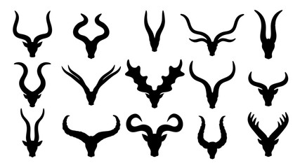 Set of different animal horn silhouettes on tranparent background