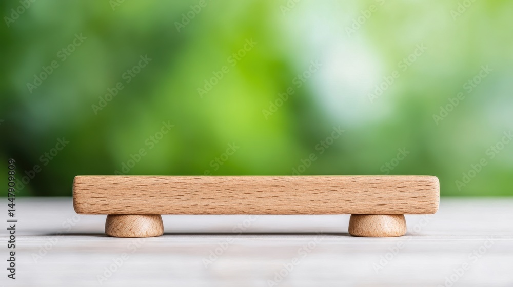 Poster light brown wooden rectangular block mockup on white table with green bokeh background