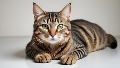 Obraz premium A stunning tabby cat is seen reclining, with its captivating green eyes looking forward.
