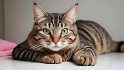 Fototapeta premium A relaxed and gorgeous tabby cat with stunning green eyes, gazing at the camera.