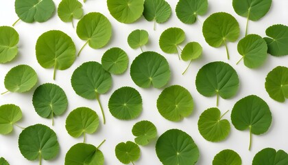 Overhead view of fresh green leaves scattered on a white surface, creating a simple, elegant scene.