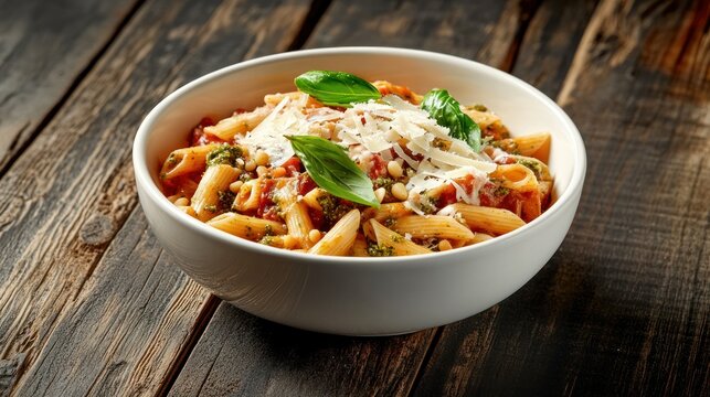 Delicious Italian pasta dish with fresh basil grated cheese tomato sauce and herbs served in a white bowl on rustic wooden table