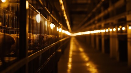 Chickens in dimly lit cages inside a large industrial barn.