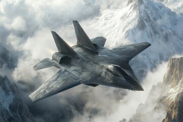 Fighter jet soaring above snow-capped mountains during a clear day, showcasing advanced aerodynamics and military technology
