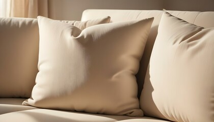 Close-up of plush beige pillows on a modern sofa, bathed in soft, warm sunlight.