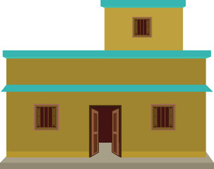 Traditional Indian Village House Front View &ndash; Rural Two-Story Home Illustration with Flat Roof for Real Estate, Architecture, and Educational Projects