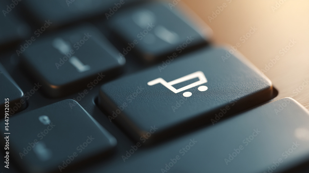 Poster online shopping cart button on modern keyboard close up view buy add sell