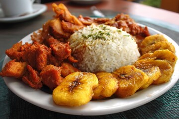 A colorful plate of fried plantains, rice, and sides, a delicious and satisfying meal.