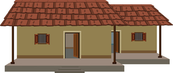 Twin Traditional Village Huts Illustration – Rural Indian House Design with Tiled Roof, Open Doors and Wooden Windows for Architectural, Educational, and Cultural Visual Projects