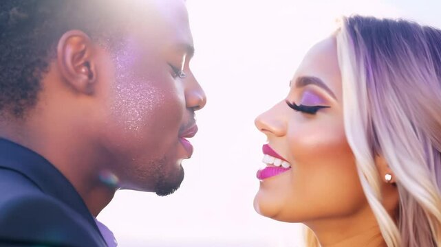 Close tracking video of two men, rich mahogany skin with plum lipstick, light beige skin with lavender lipstick, kissing, lips with iridescent shimmer under soft diffused light. Concept of lgbtq