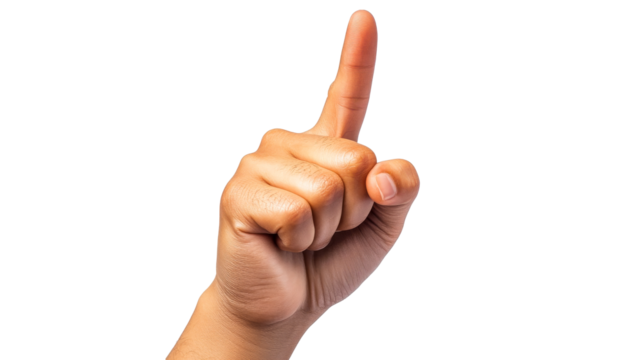 Raised index finger gesture; number one symbol with hand pose, cut out transparent