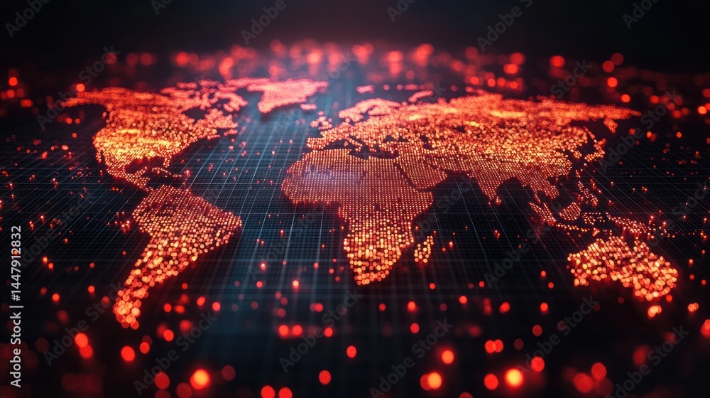 Poster global network: a fiery digital world map visualization
