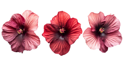 Three red hibiscus blossoms, petals visible, isolated. cut out transparent