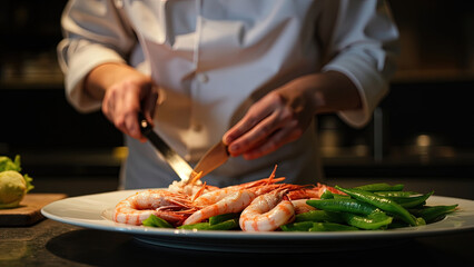 Professional chef preparing fresh shrimp dish – Gourmet seafood plating with fresh herbs and vegetables. Culinary art in Restaurant Kitchen.