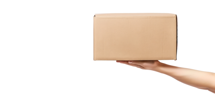 Hand holding cardboard box isolate on transparent background