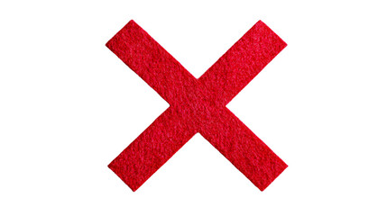 Red felt cross symbol shape, diagonally symmetrical, simple design. cut out transparent
