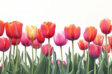 Vibrant tulip garden blooming in spring sunlight, showcasing an array of colors and delicate petals in full bloom