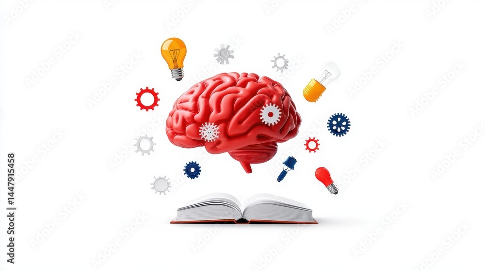 Aufkleber red brain model and open book with colorful gears and lightbulbs on white background