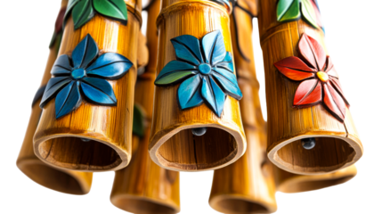Close-up of bamboo wind chimes with floral design elements. cut out transparent