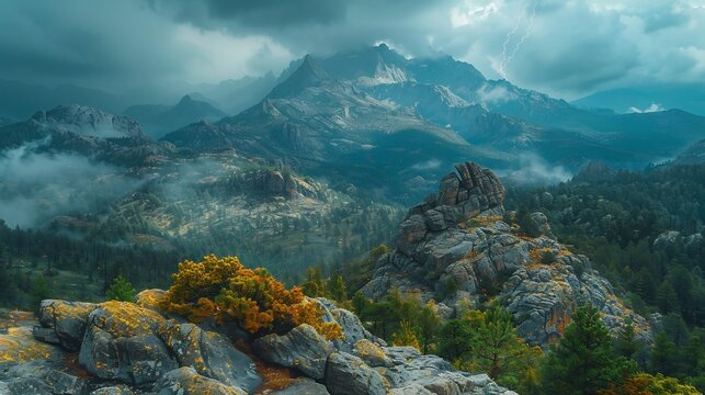 Storm clouds forming above rugged mountain ridge dramatic lighting moody tones turbulent sky over sharp rocky peaks - Powered by Adobe