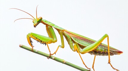 Stunning Close-Up of a Vibrant Green Praying Mantis on a Branch, Detailed Insect Photography, Exotic Wildlife, Nature Macro, High-Resolution Image for Stock, Editorial, and Commercial Use.