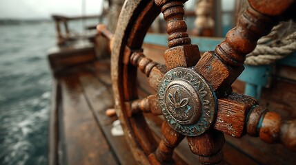 Rustic wooden boat wheel detail, nautical setting