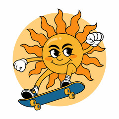 Cool Sun Character Skateboarding Cartoon Illustration