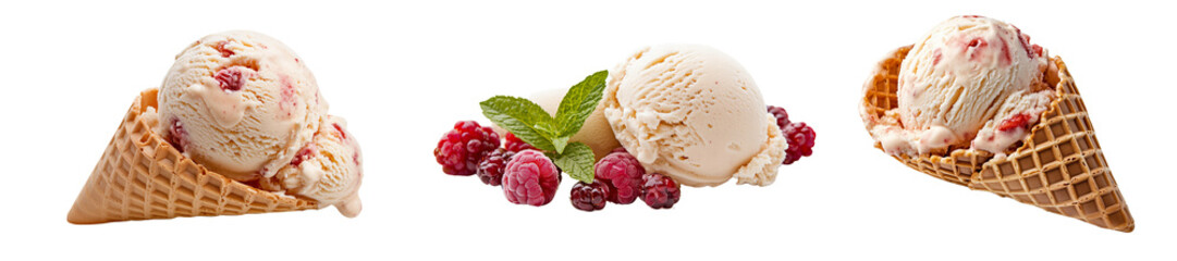Three Waffle Cones Filled with Creamy Raspberry Ice Cream