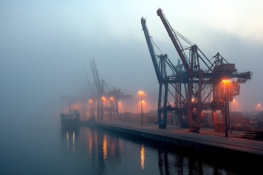 Dramatic foggy harbor scene with industrial cranes and lights illuminating the dusk.